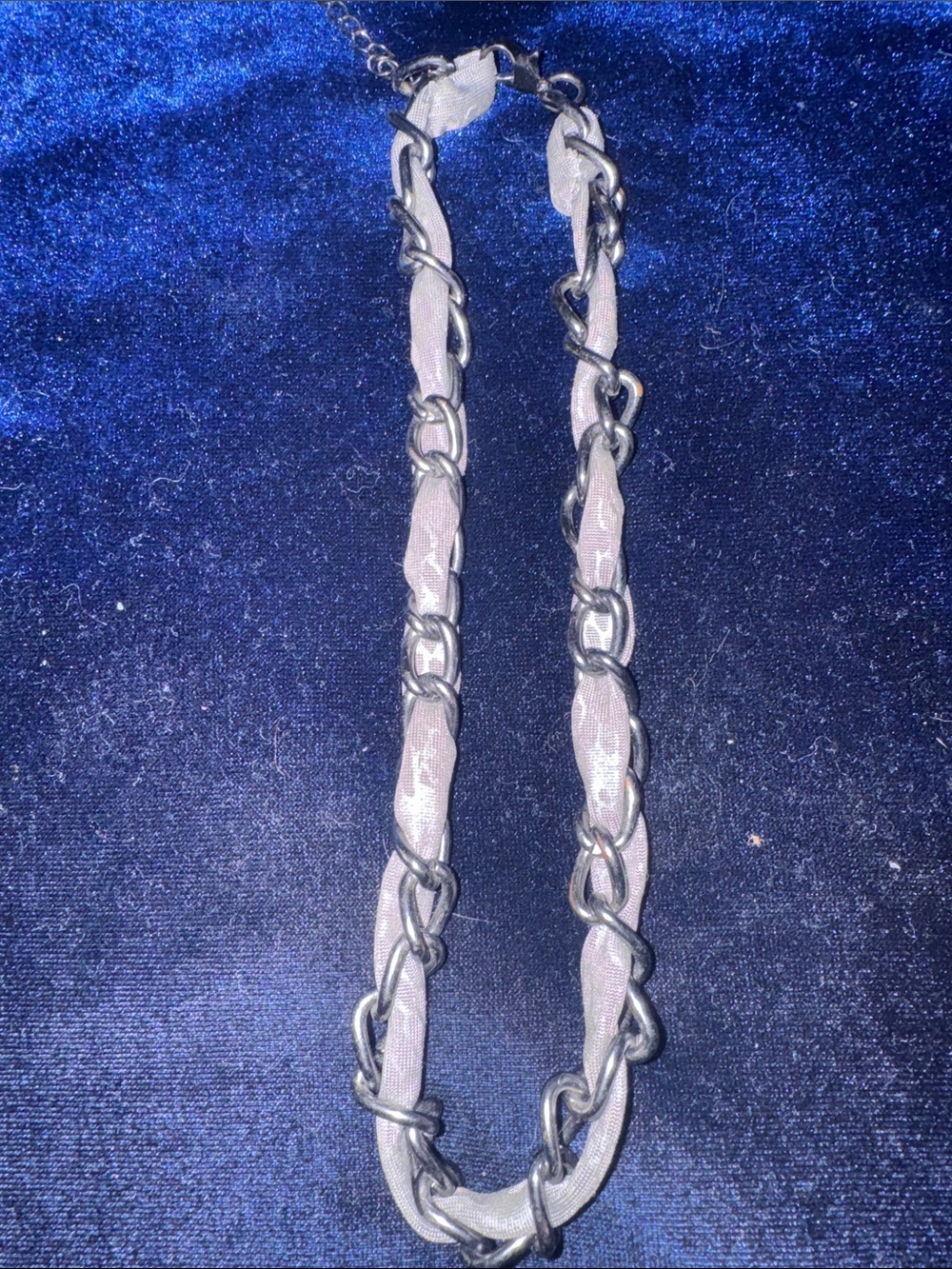 Silver Chain Necklace with Pale Pink Ribbon Weave